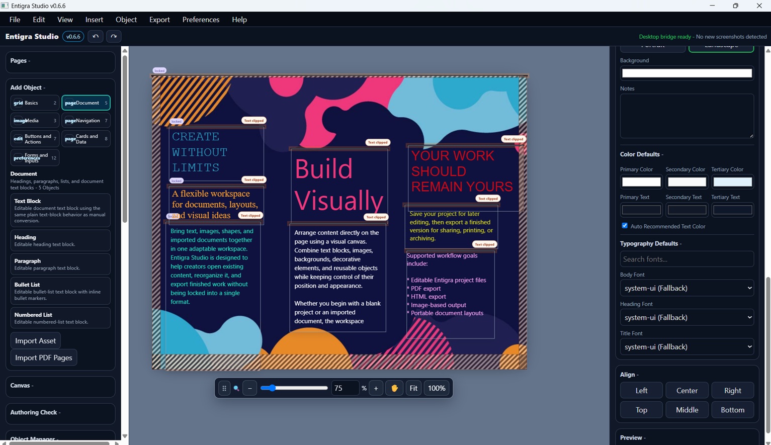 Entigra loaded-page editing interface with a full-page canvas and editing panels
